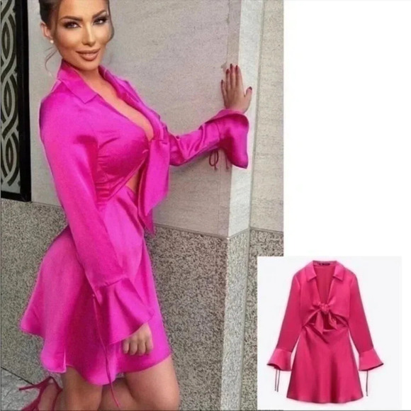Zara Satin Effect Long Sleeve Ruffle Cuff Lapel Collar Mini Dress Fushia Pink Sm - Picture 6 of 11
